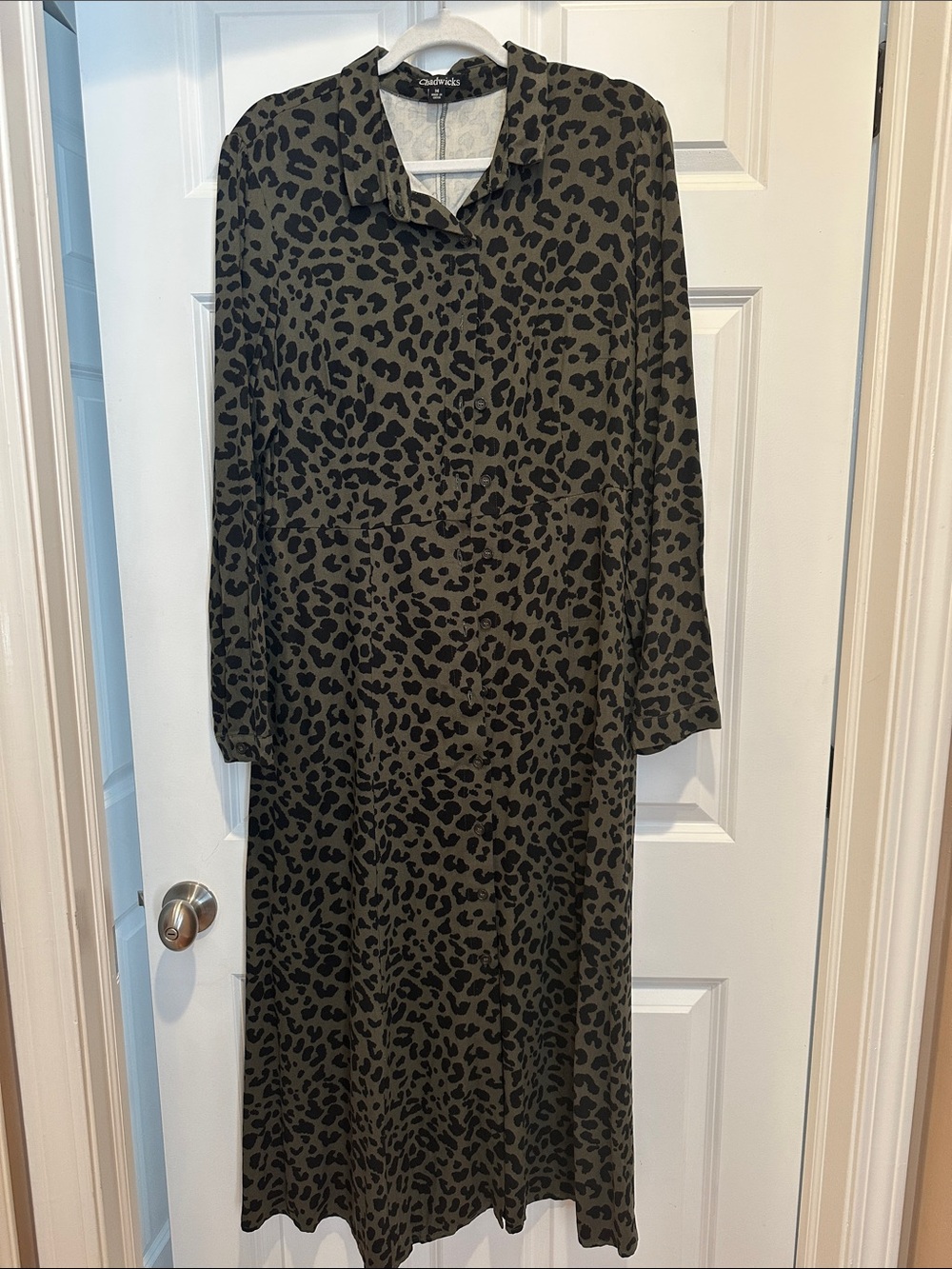 Chadwicks Olive and Black Leopard Print Long Sleeve Shirt Dress